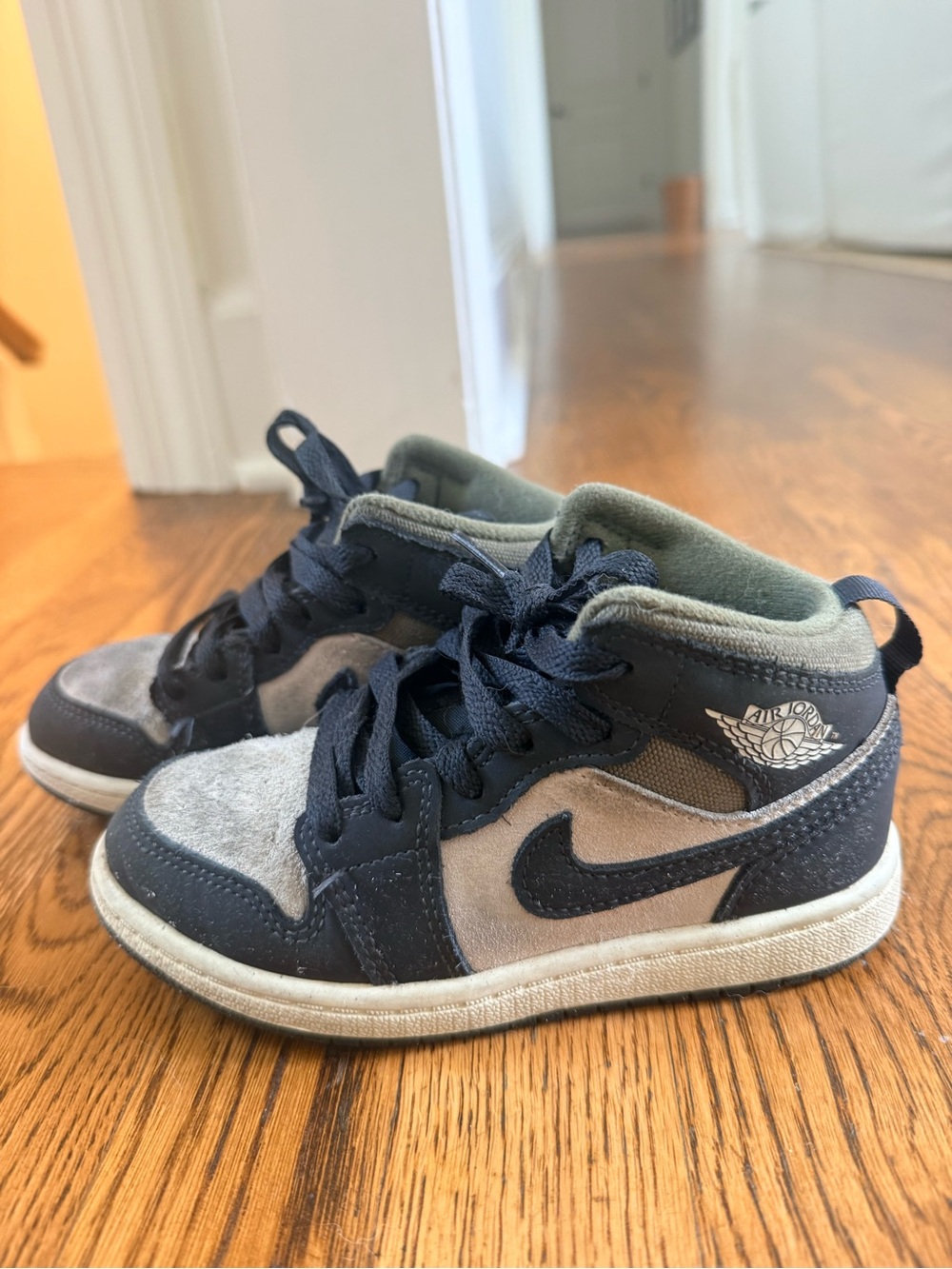 Nike Kids Black, Olive and Gray Mid-Top Jordans